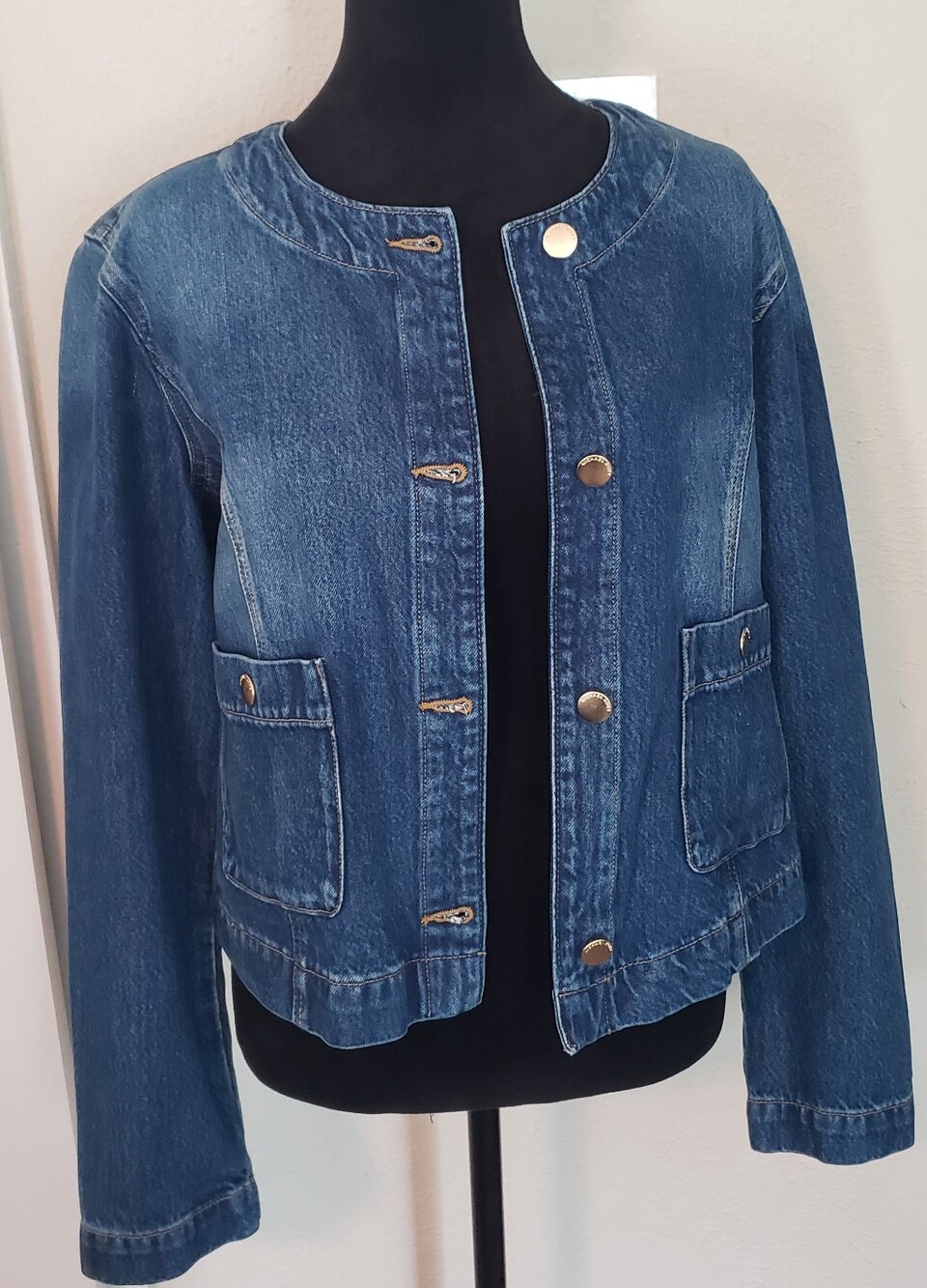 Michael Kors Women's Dark Blue Collarless Denim Jacket